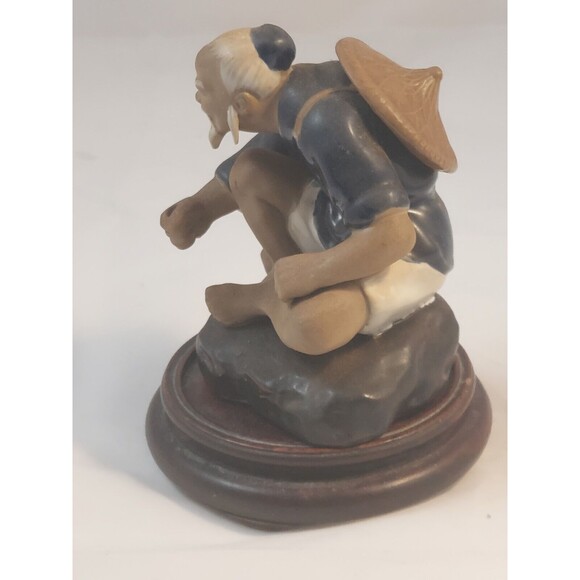 Chinese Shiwan Artistic Ceramic Mudman Seating Fisherman Glazed Figurine 4" Vtg - Picture 4 of 9